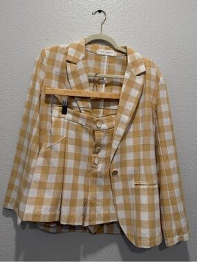 Cream & Mustard Checkered Blazer Set